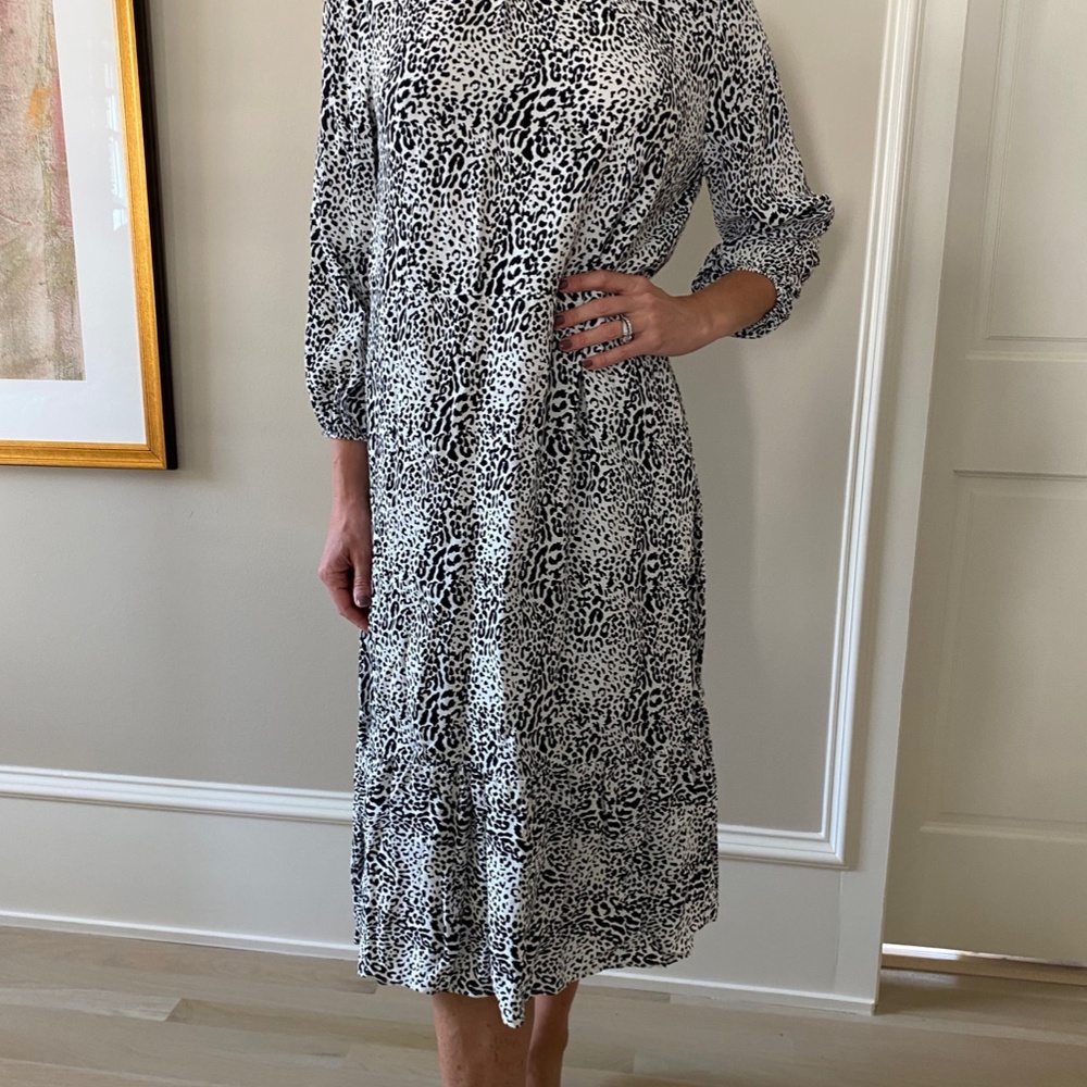 Zara Crepe Black and White Animal Print Midi Dres